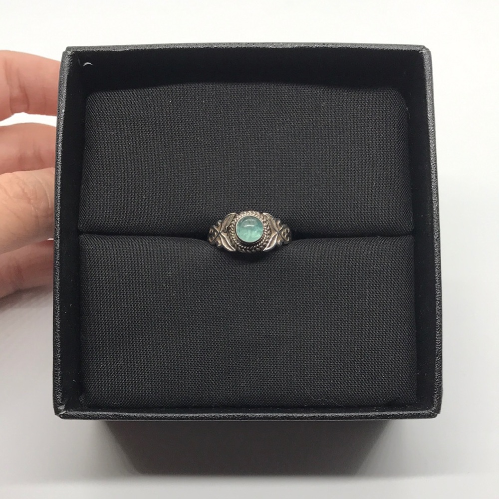 Silver Ring with Blue Green Fluorite and Butterflies | Size 7.75